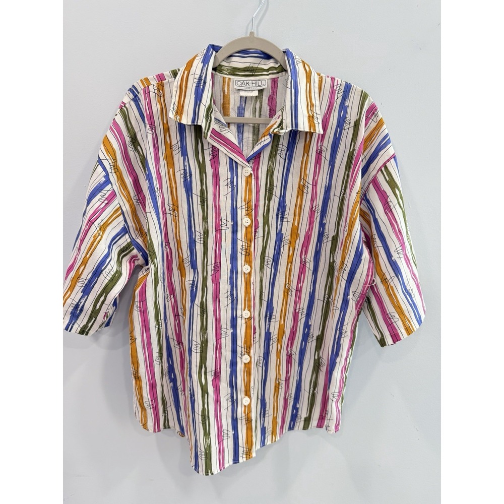 Vintage Oak Hill Striped Button Front Shirt Large Colorful Abstract Print 80s - Picture 1 of 8